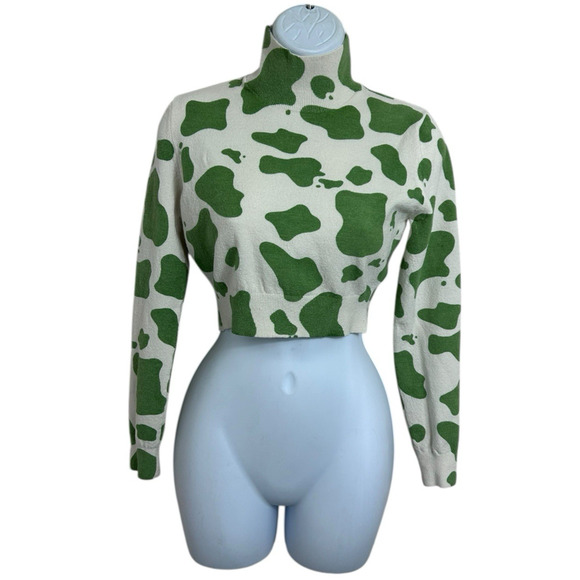 Zara Crop Sweater Sz Small Green Cream Cow Print Mock Neck Top Long-Sleeve - Picture 3 of 7
